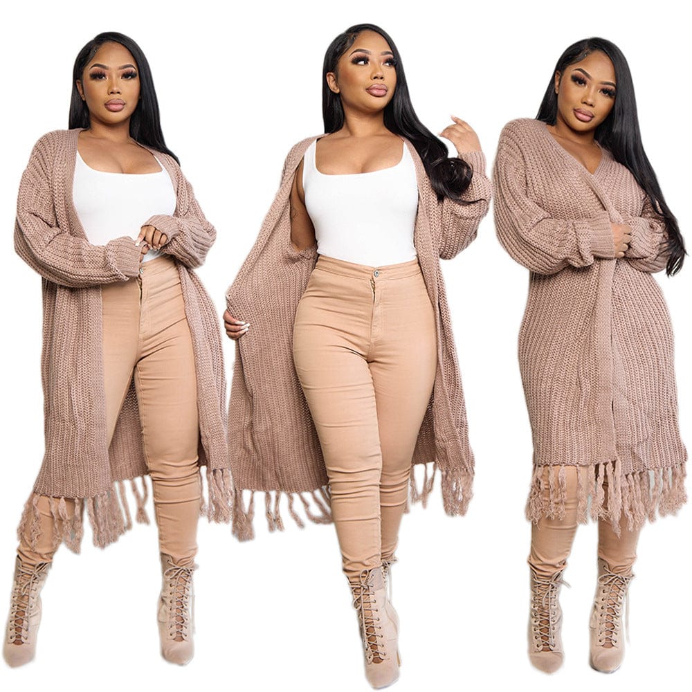 C1102ME28 High Quality Casual Solid Color Tassel Knitted Long Cardigans Women Sehe Fashion