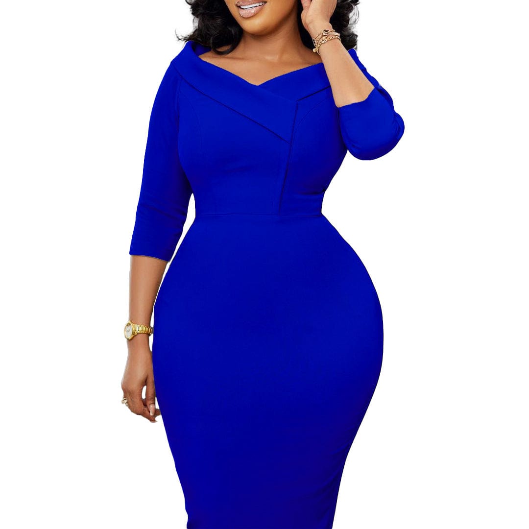 C1102ME70 Office Style Elegant Solid Color V Neck Three Quarter Sleeve Bodycon Dress Women Sehe Fashion