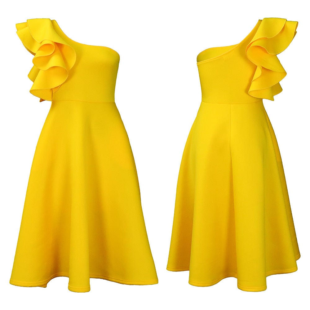 C1102ME72 Dropshipping Elegant One Shoulder Ruffles Solid Color A-Line Dress Women Sehe Fashion