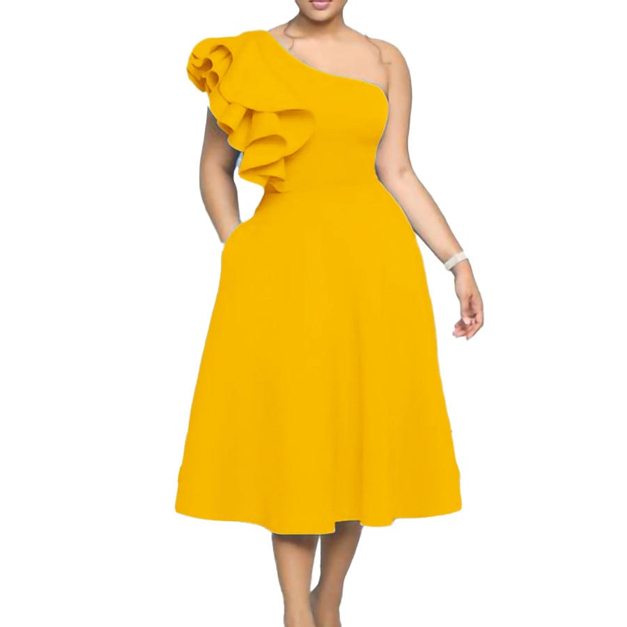 C1102ME72 Dropshipping Elegant One Shoulder Ruffles Solid Color A-Line Dress Women Sehe Fashion