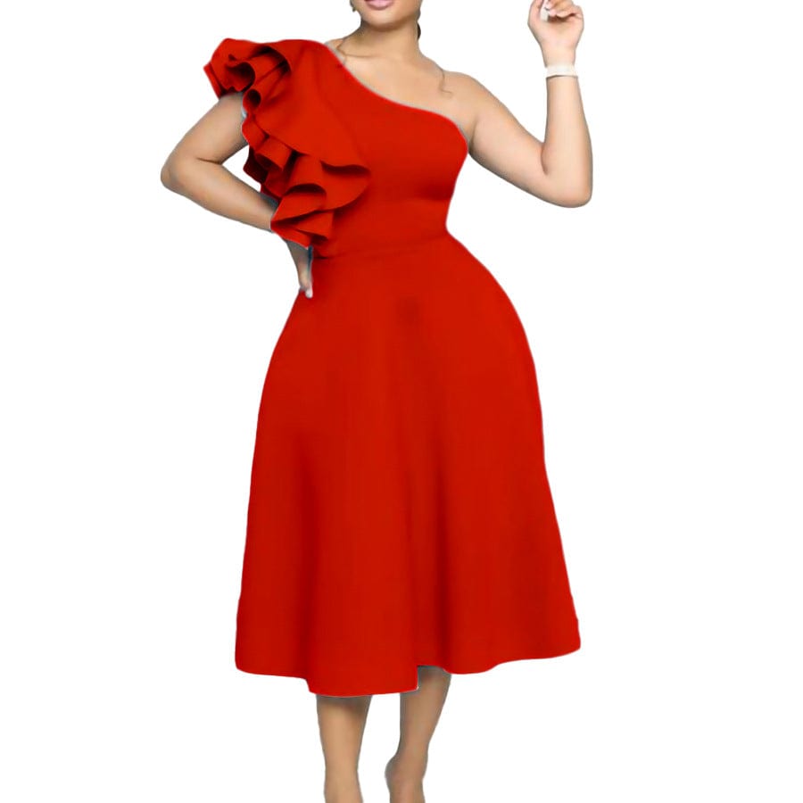 C1102ME72 Dropshipping Elegant One Shoulder Ruffles Solid Color A-Line Dress Women Sehe Fashion