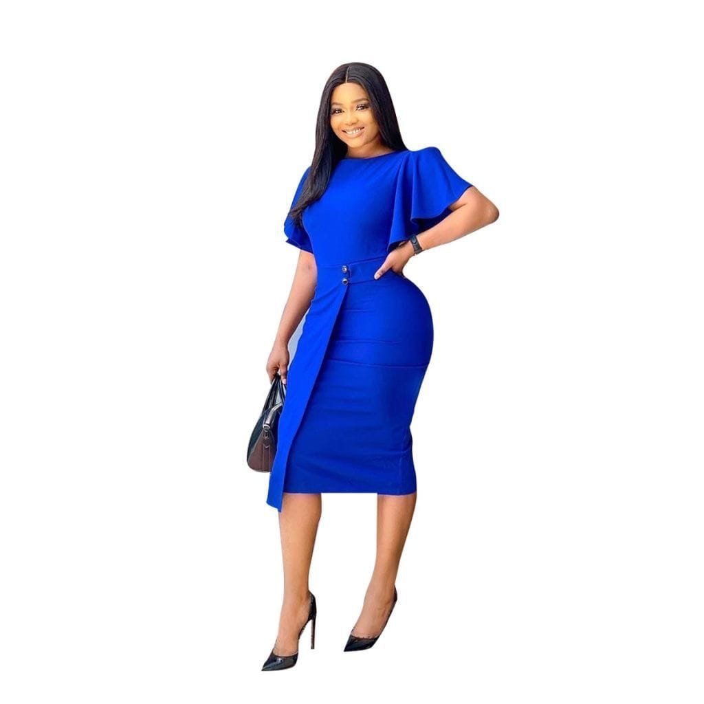 C1102ME76 New Arrival Casual Solid Color Ruffles Sleeve Spliced Bodycon Office Dress Women Sehe Fashion