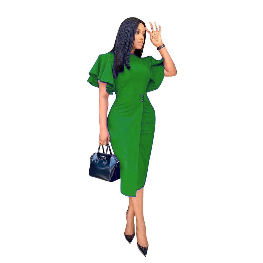 C1102ME76 New Arrival Casual Solid Color Ruffles Sleeve Spliced Bodycon Office Dress Women Sehe Fashion