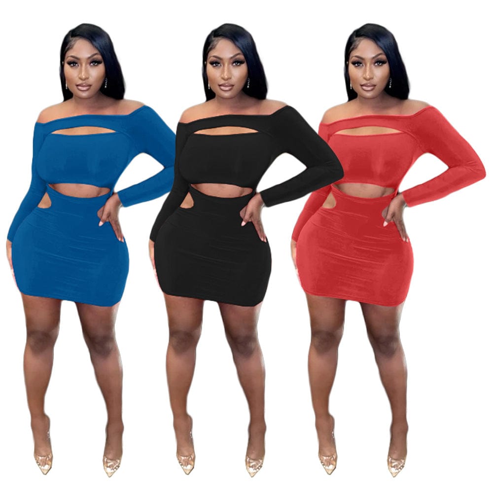C1102TA19 New Arrival Sexy Hollow Out Off Shoulder Solid Color Bodycon Dress Women Sehe Fashion