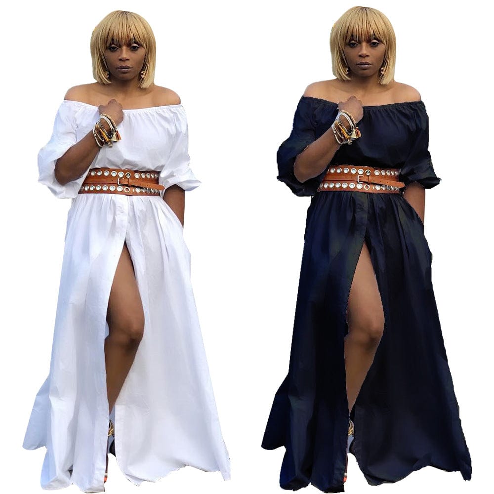 C1102TA34 High Quality Casual Solid Color Off Shoulder Slit Long Shirt Dress Women Sehe Fashion