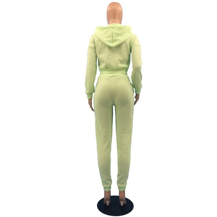 C1102TA39 High Quality Casual Solid Color Hooded Zipper CropTop 2 Piece Pants Set Women Sehe Fashion