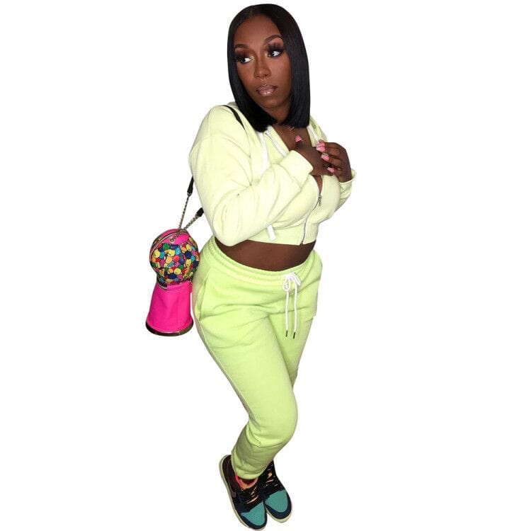 C1102TA39 High Quality Casual Solid Color Hooded Zipper CropTop 2 Piece Pants Set Women Sehe Fashion