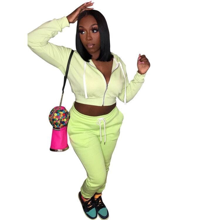 C1102TA39 High Quality Casual Solid Color Hooded Zipper CropTop 2 Piece Pants Set Women Sehe Fashion