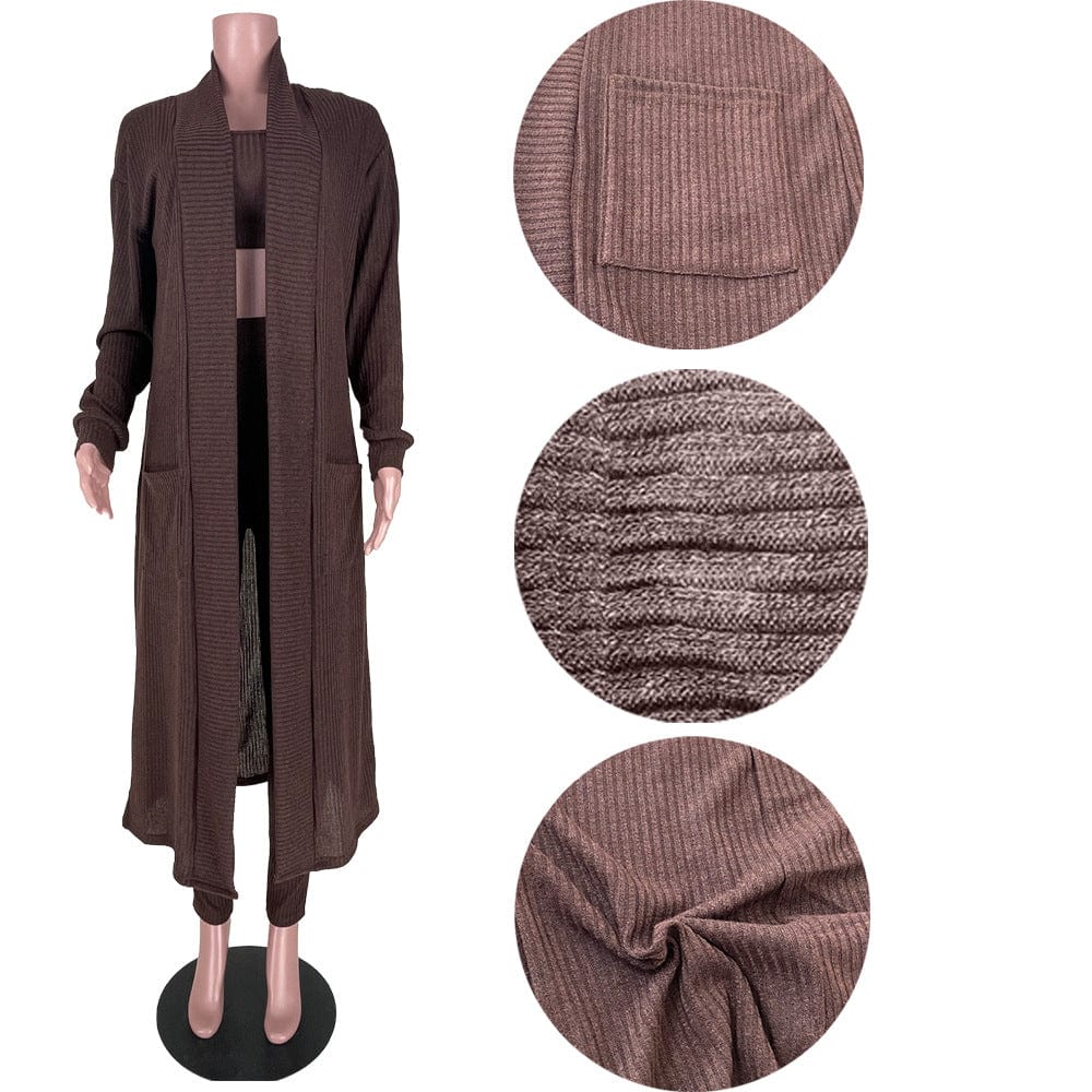 C1102TA4 New Arrival Casual Solid Color Sling Crop Top Long Coat Three Piece Pants Set Women Sehe Fashion