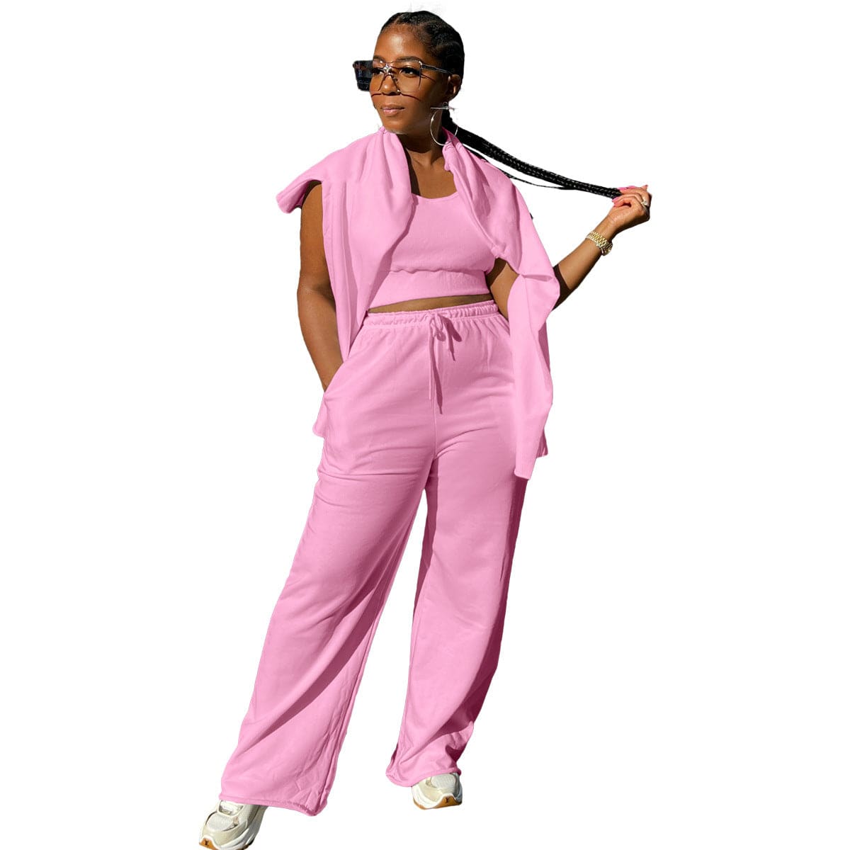C1102TA5 Wholesale Casual Solid Color Crop Top Three Piece Pants Set Women Sehe Fashion