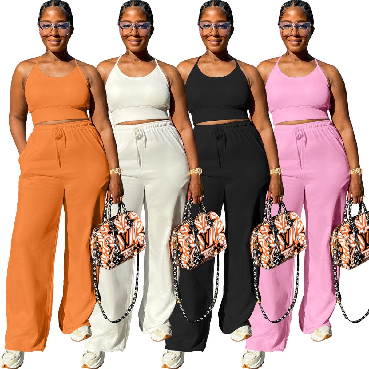 C1102TA5 Wholesale Casual Solid Color Crop Top Three Piece Pants Set Women Sehe Fashion