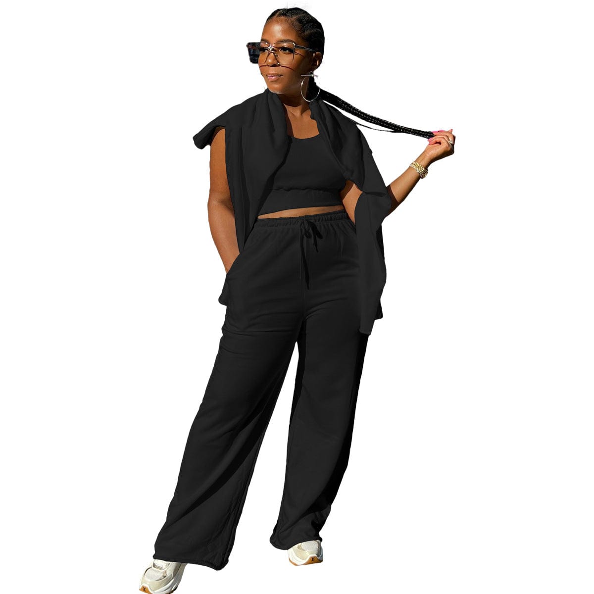 C1102TA5 Wholesale Casual Solid Color Crop Top Three Piece Pants Set Women Sehe Fashion