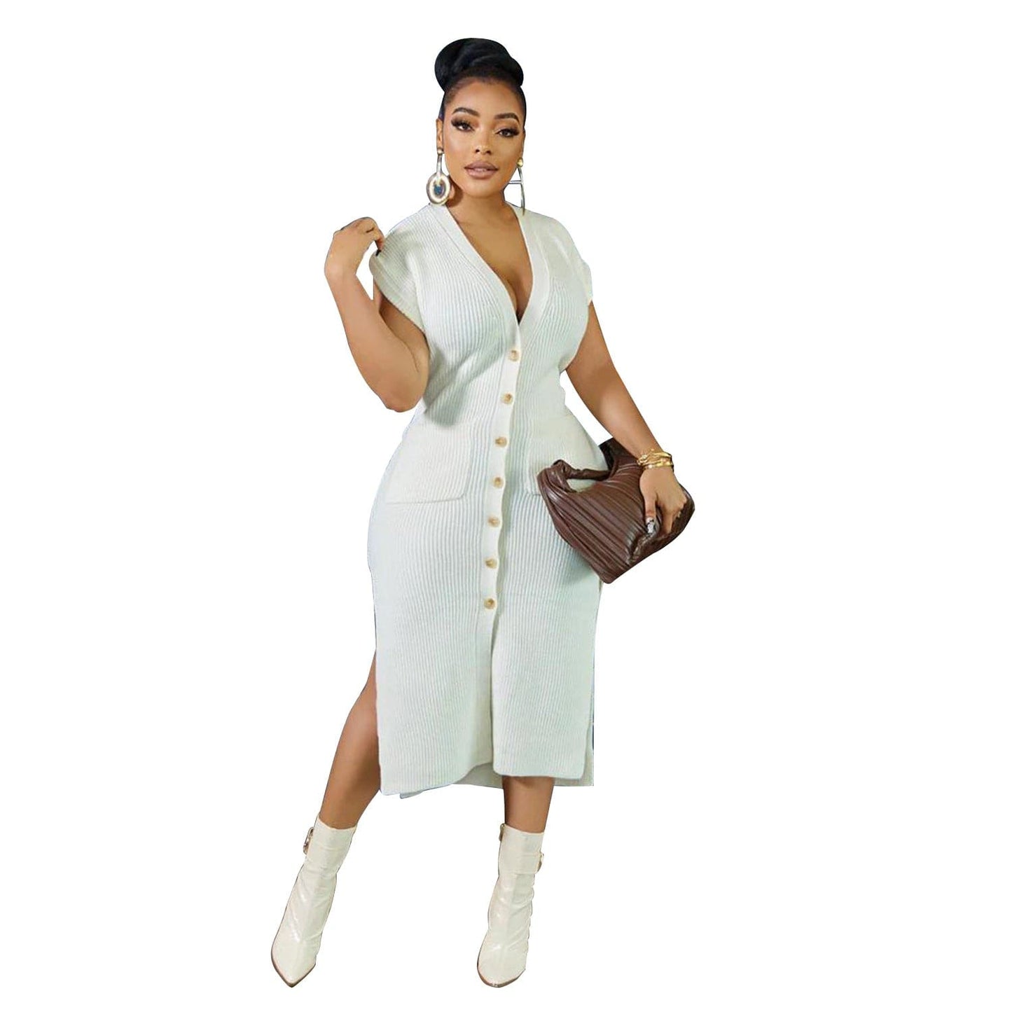 C1102TA62 Summer Trendy Casual Solid Color Knitted Slit Shirt Dress Women With Belt Sehe Fashion