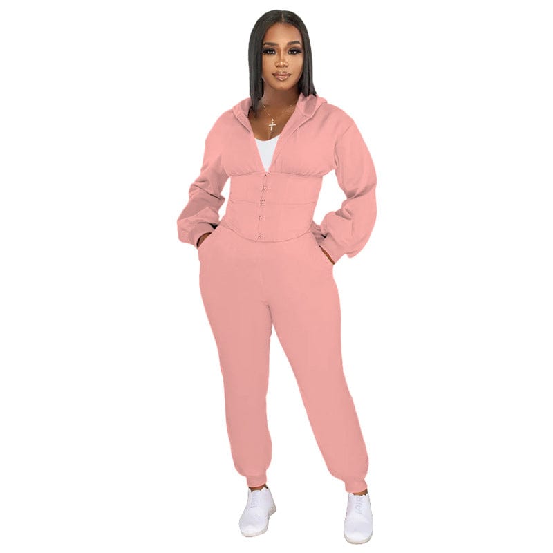 C1102TA81 Autumn Tendy Casual Hooded Solid Color Sport Two Piece Pants Set Women Sehe Fashion