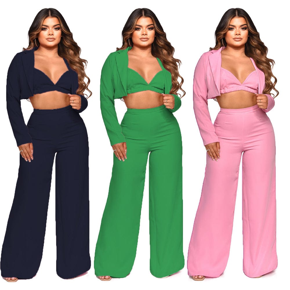C1102TA9 Dropshipping Casual Crop Top Short Coat Wide Leg Three Piece Pants Set Women Sehe Fashion
