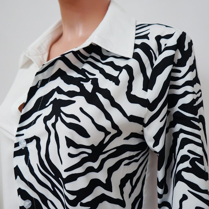 C1102TA94 Wholesale Casual Zebra Print Spliced Cold Shoulder Irregular Shirt Dress Women Sehe Fashion