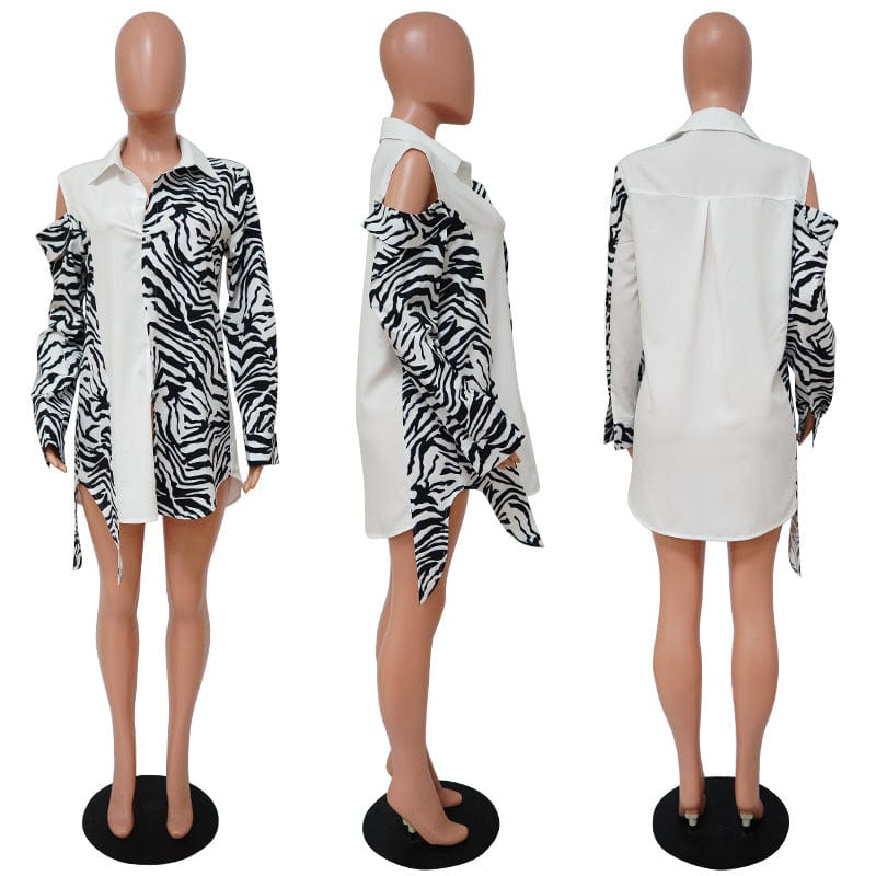C1102TA94 Wholesale Casual Zebra Print Spliced Cold Shoulder Irregular Shirt Dress Women Sehe Fashion