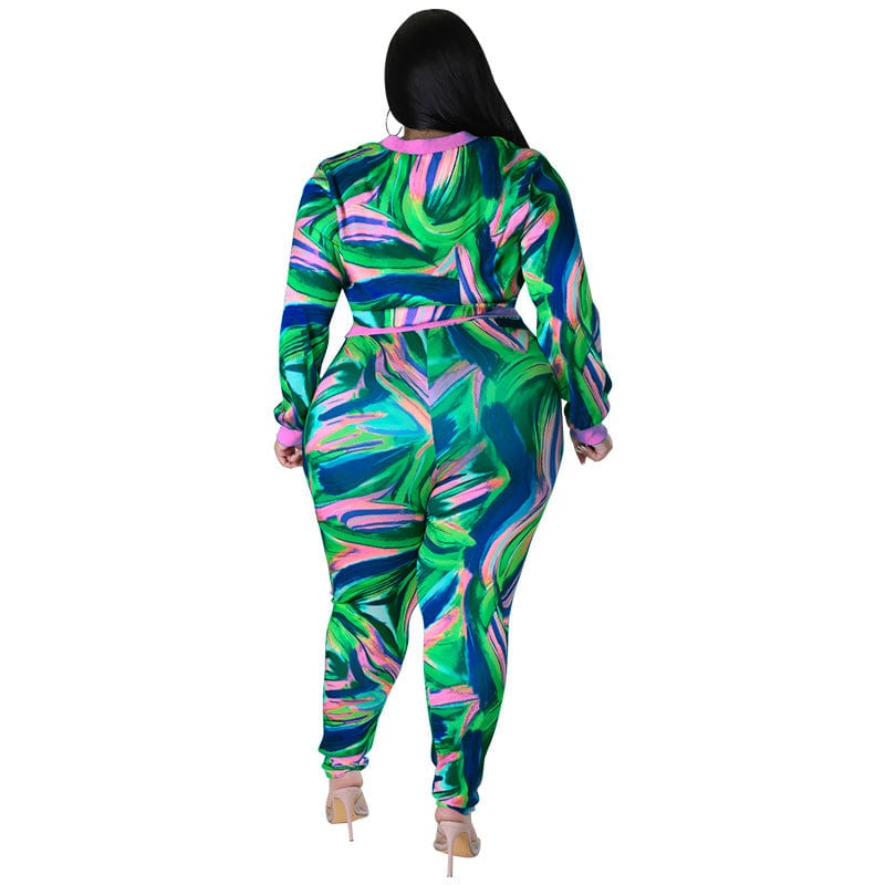 C1103ME45 Plus Size Casual Tie Dye Zipper Slim Sport 2 Piece Pants Set Women Sehe Fashion