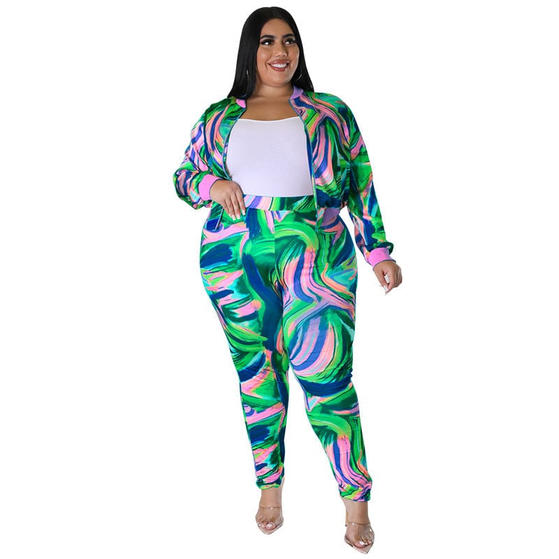 C1103ME45 Plus Size Casual Tie Dye Zipper Slim Sport 2 Piece Pants Set Women Sehe Fashion