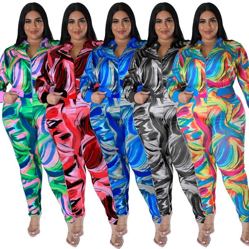 C1103ME45 Plus Size Casual Tie Dye Zipper Slim Sport 2 Piece Pants Set Women Sehe Fashion
