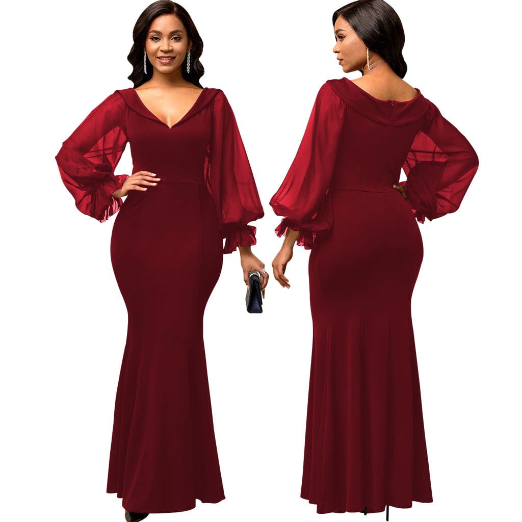C1103TA22 Dropshipping Elegant Solid Color Sheer Mesh Sleeve Bodycon Ladies Evening Dress Sehe Fashion