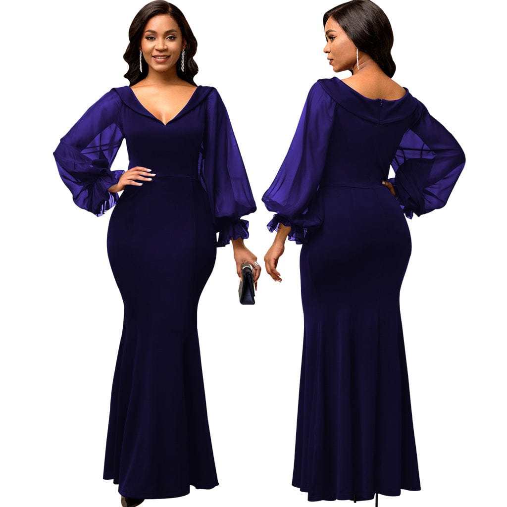 C1103TA22 Dropshipping Elegant Solid Color Sheer Mesh Sleeve Bodycon Ladies Evening Dress Sehe Fashion