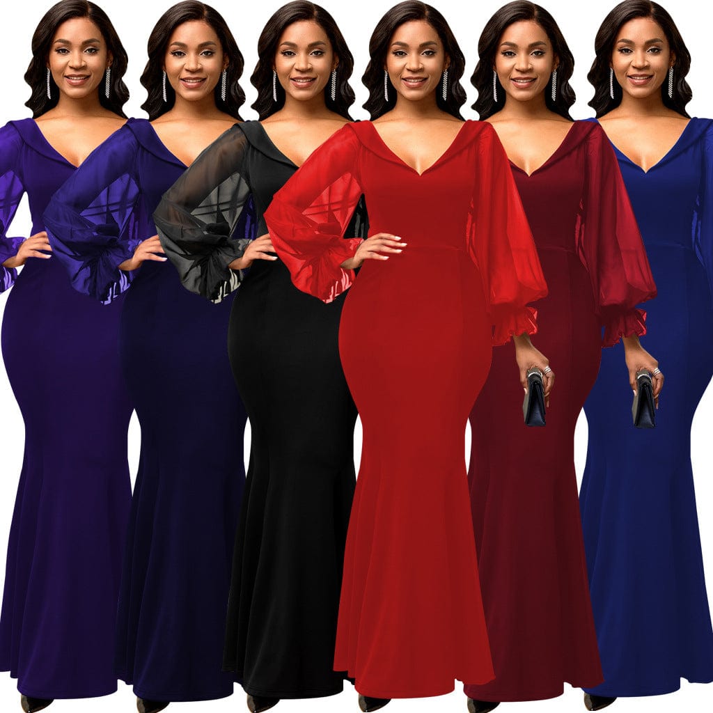 C1103TA22 Dropshipping Elegant Solid Color Sheer Mesh Sleeve Bodycon Ladies Evening Dress Sehe Fashion