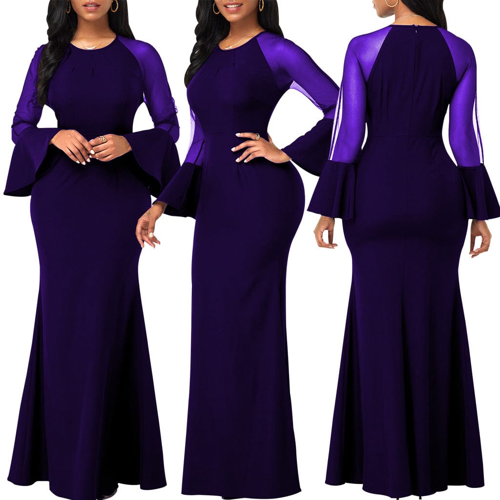 C1103TA25 High Quality Elegant Solid Color Sheer Mesh Sleeve Bodycon Evening Dress Women Sehe Fashion