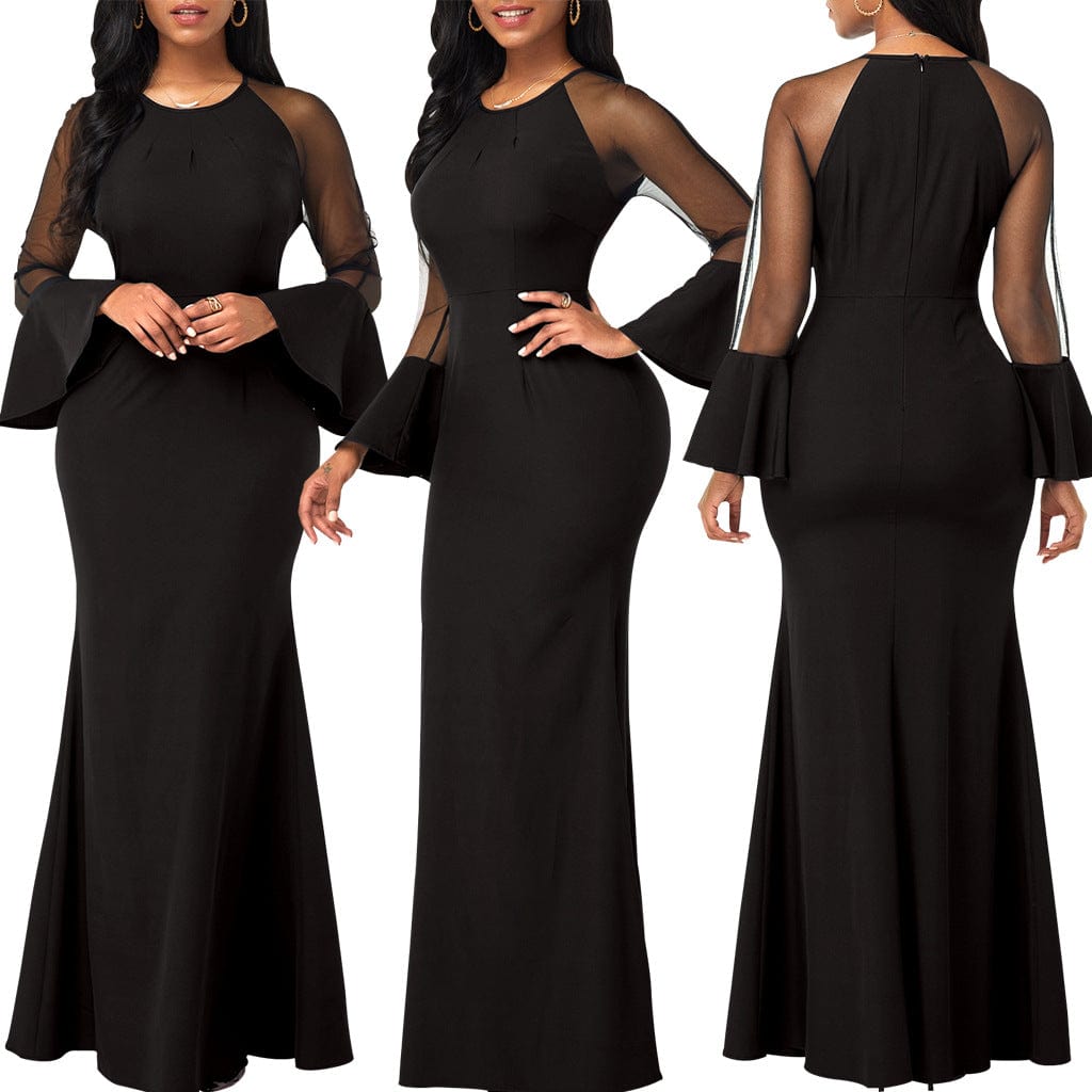 C1103TA25 High Quality Elegant Solid Color Sheer Mesh Sleeve Bodycon Evening Dress Women Sehe Fashion