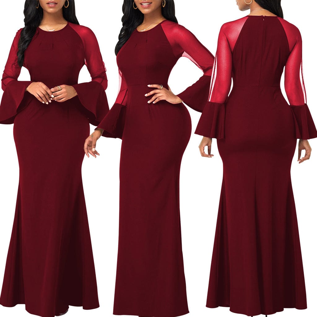 C1103TA25 High Quality Elegant Solid Color Sheer Mesh Sleeve Bodycon Evening Dress Women Sehe Fashion