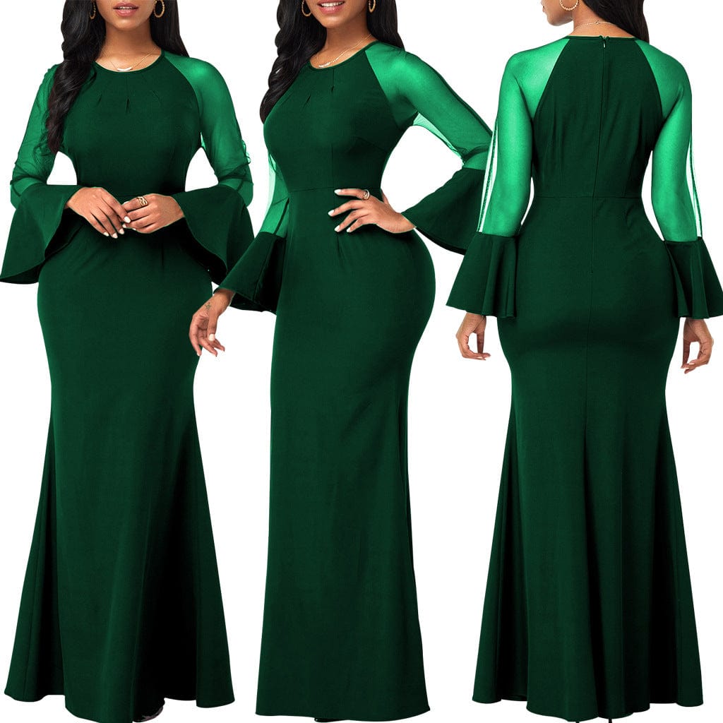 C1103TA25 High Quality Elegant Solid Color Sheer Mesh Sleeve Bodycon Evening Dress Women Sehe Fashion