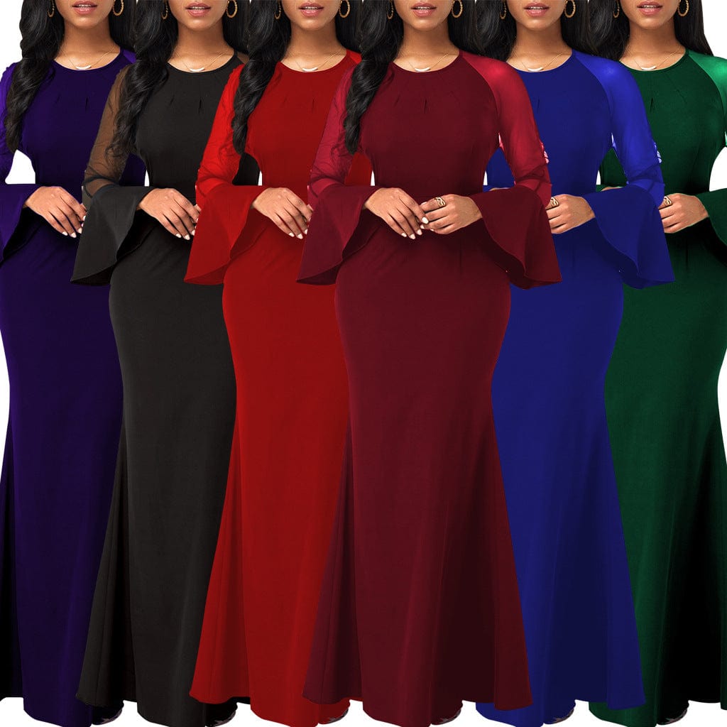 C1103TA25 High Quality Elegant Solid Color Sheer Mesh Sleeve Bodycon Evening Dress Women Sehe Fashion