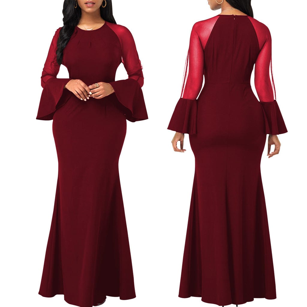 C1103TA25 High Quality Elegant Solid Color Sheer Mesh Sleeve Bodycon Evening Dress Women Sehe Fashion