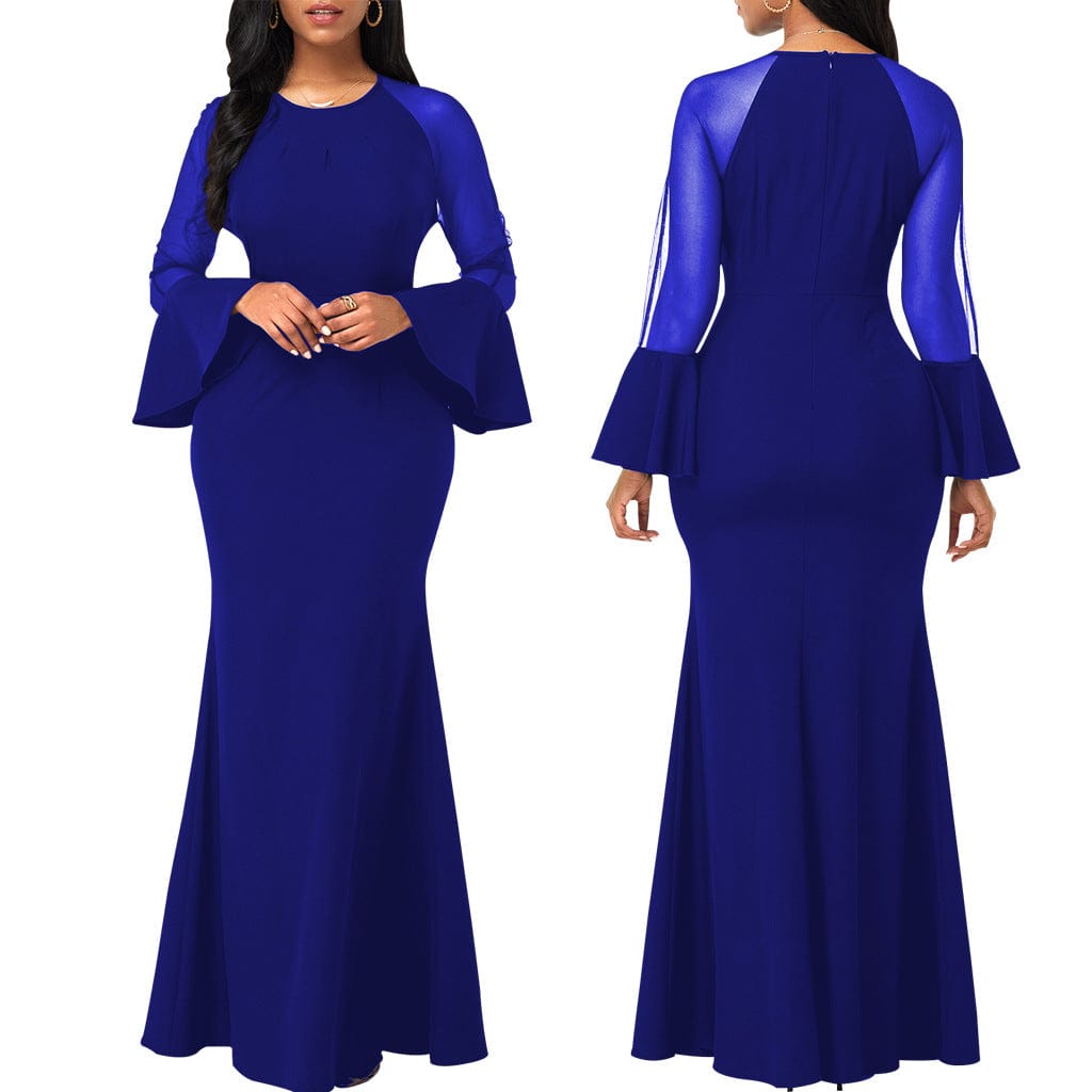 C1103TA25 High Quality Elegant Solid Color Sheer Mesh Sleeve Bodycon Evening Dress Women Sehe Fashion