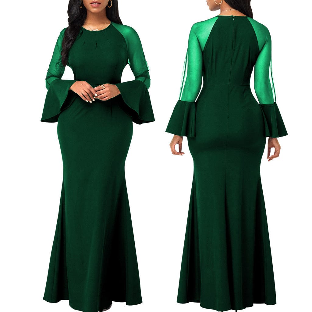 C1103TA25 High Quality Elegant Solid Color Sheer Mesh Sleeve Bodycon Evening Dress Women Sehe Fashion