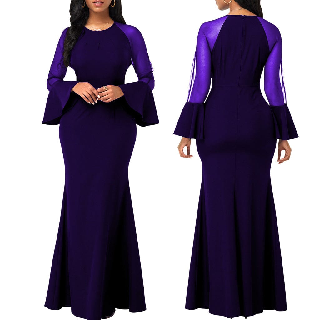 C1103TA25 High Quality Elegant Solid Color Sheer Mesh Sleeve Bodycon Evening Dress Women Sehe Fashion