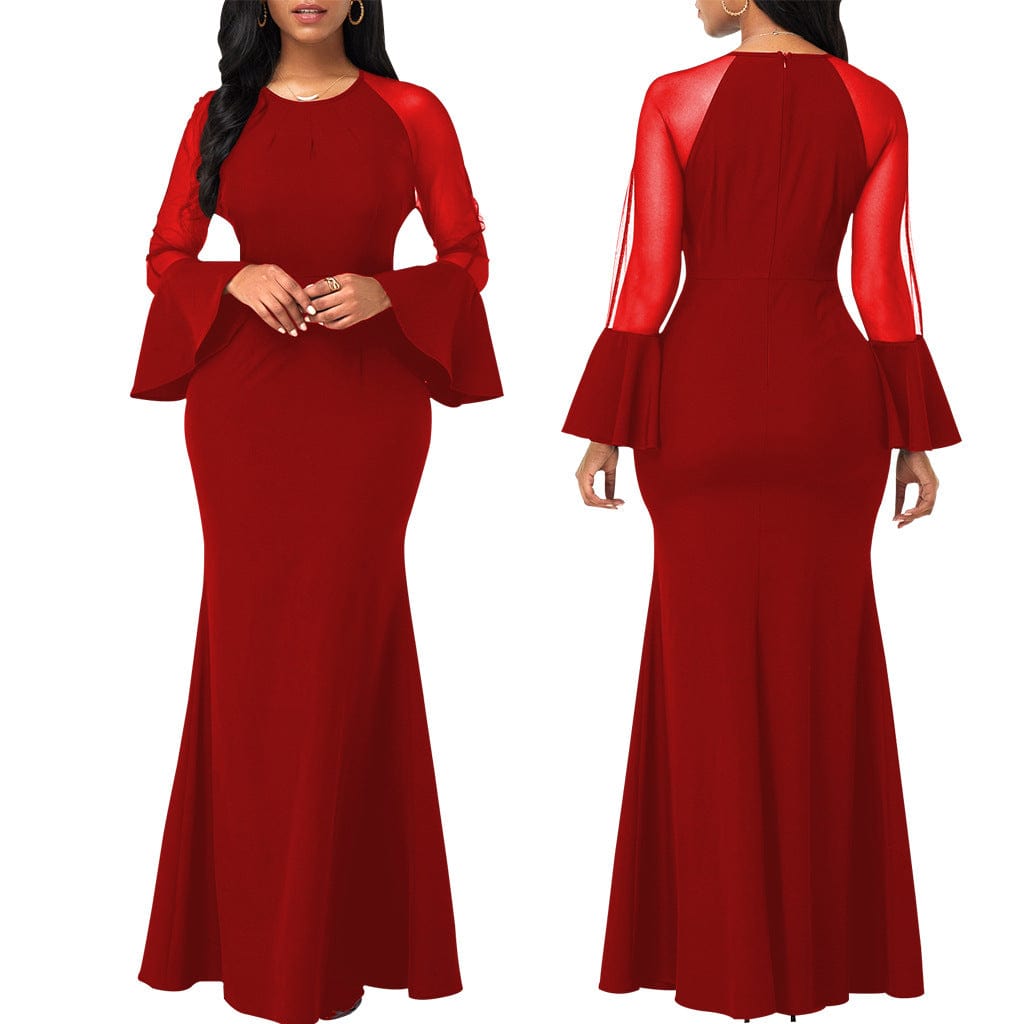C1103TA25 High Quality Elegant Solid Color Sheer Mesh Sleeve Bodycon Evening Dress Women Sehe Fashion