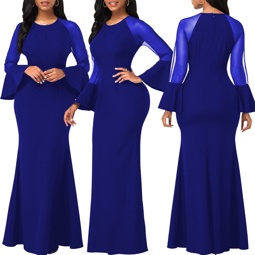 C1103TA25 High Quality Elegant Solid Color Sheer Mesh Sleeve Bodycon Evening Dress Women Sehe Fashion