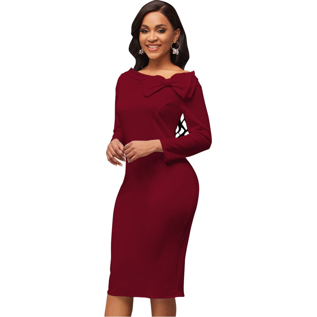 C1103TA29 Office Stylish Elegant Solid Color Bow Bodycon Autumn Dress For Ladies Sehe Fashion