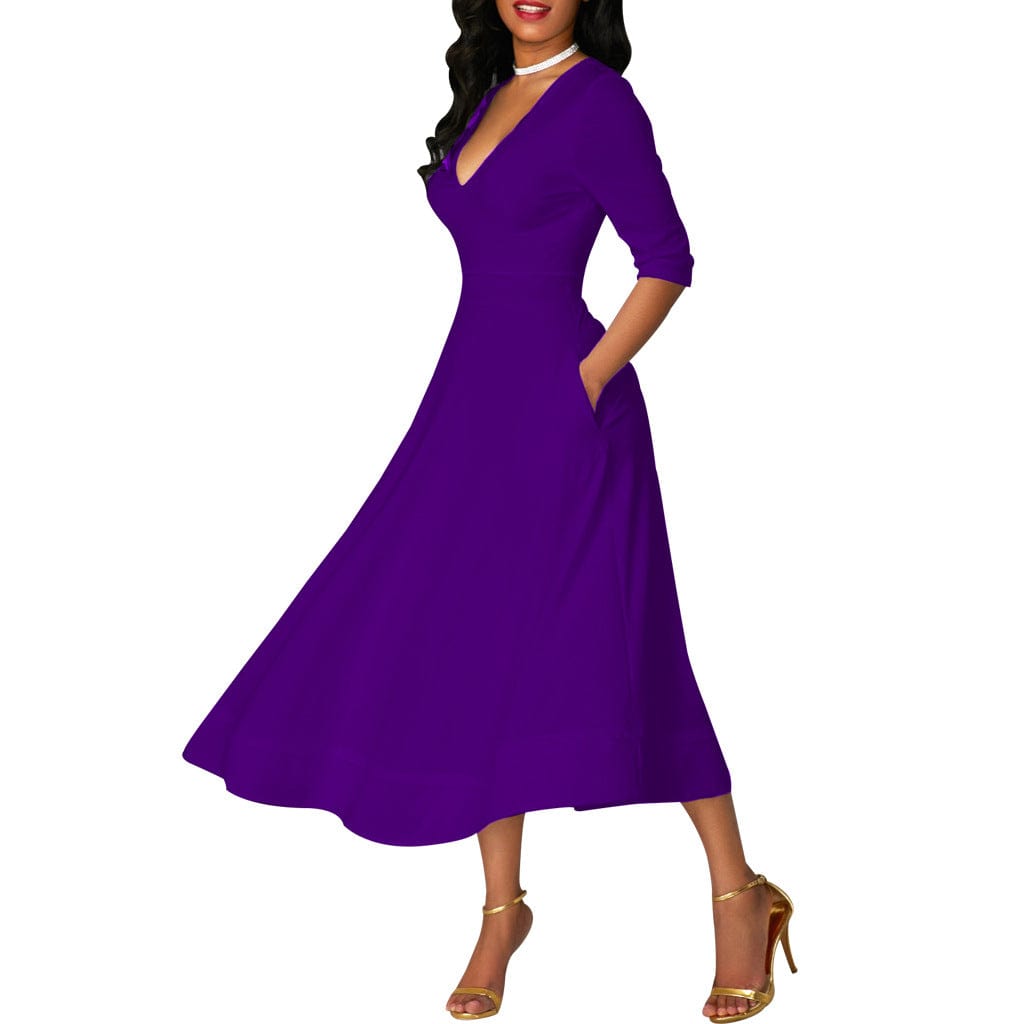 C1103TA31 High Quality Casual V Neck Solid Color A-line Dress For Women Sehe Fashion