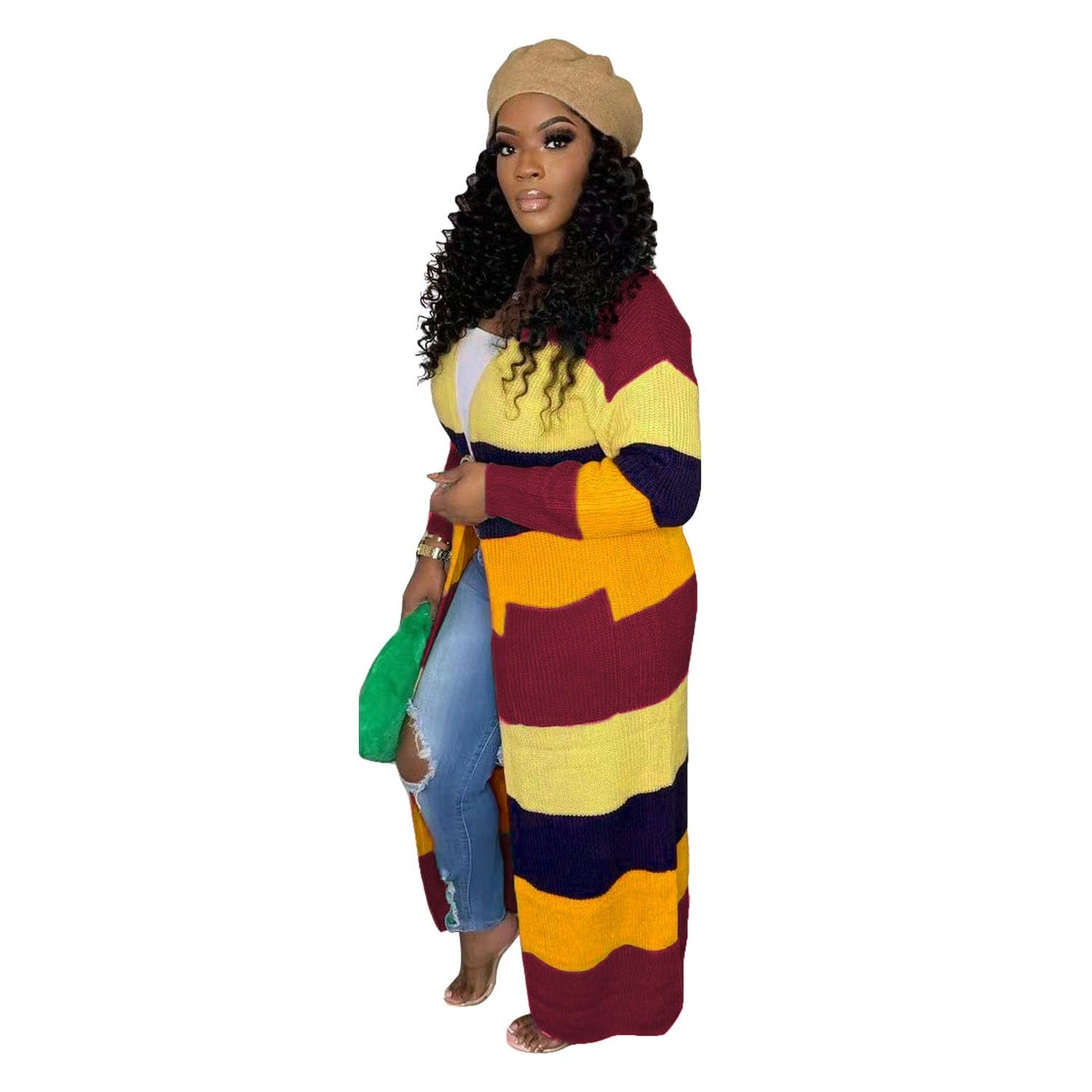 C1103TA86 High Quality Autumn Contrast Color Knitted Long Cardigans For Ladies Sehe Fashion