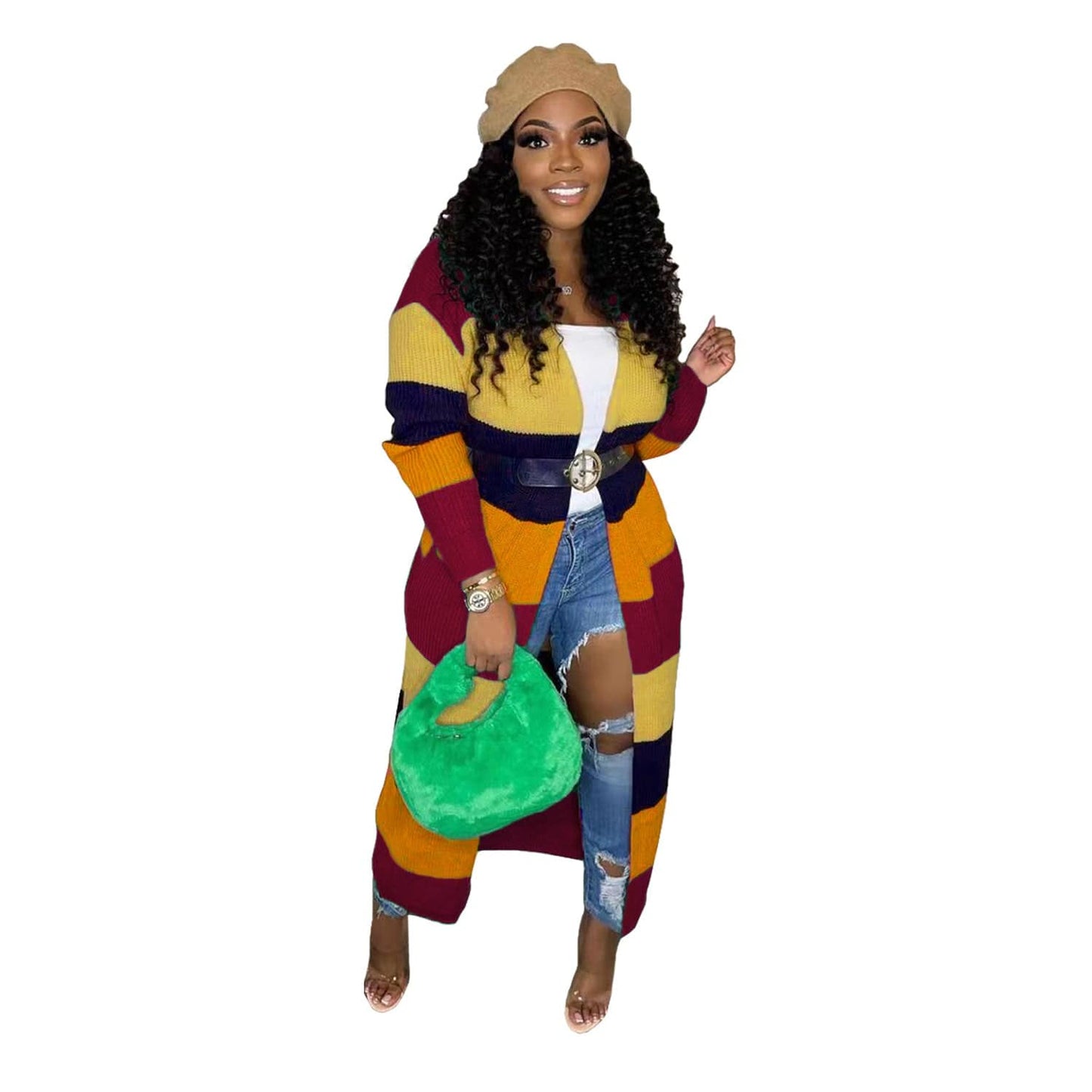 C1103TA86 High Quality Autumn Contrast Color Knitted Long Cardigans For Ladies Sehe Fashion