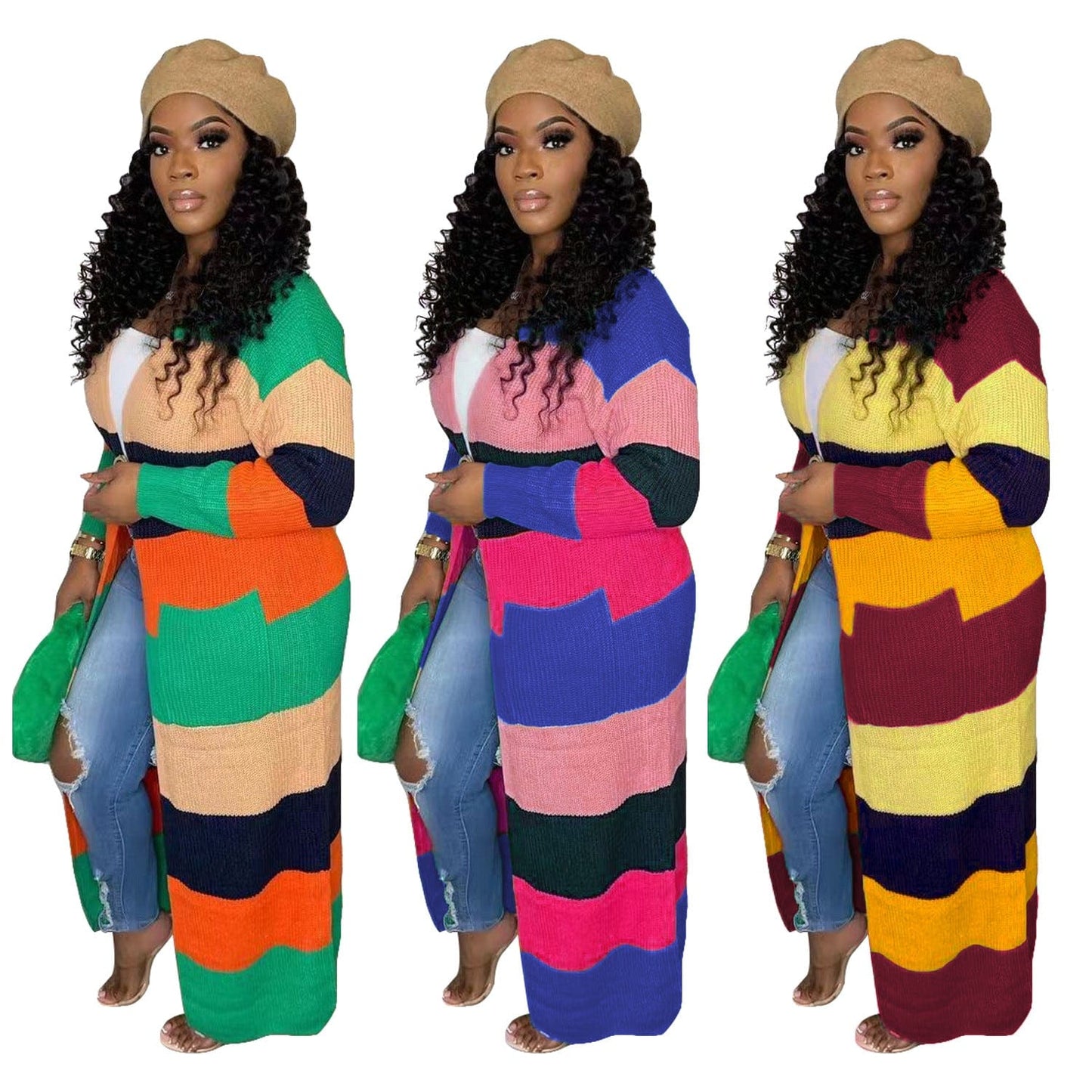 C1103TA86 High Quality Autumn Contrast Color Knitted Long Cardigans For Ladies Sehe Fashion