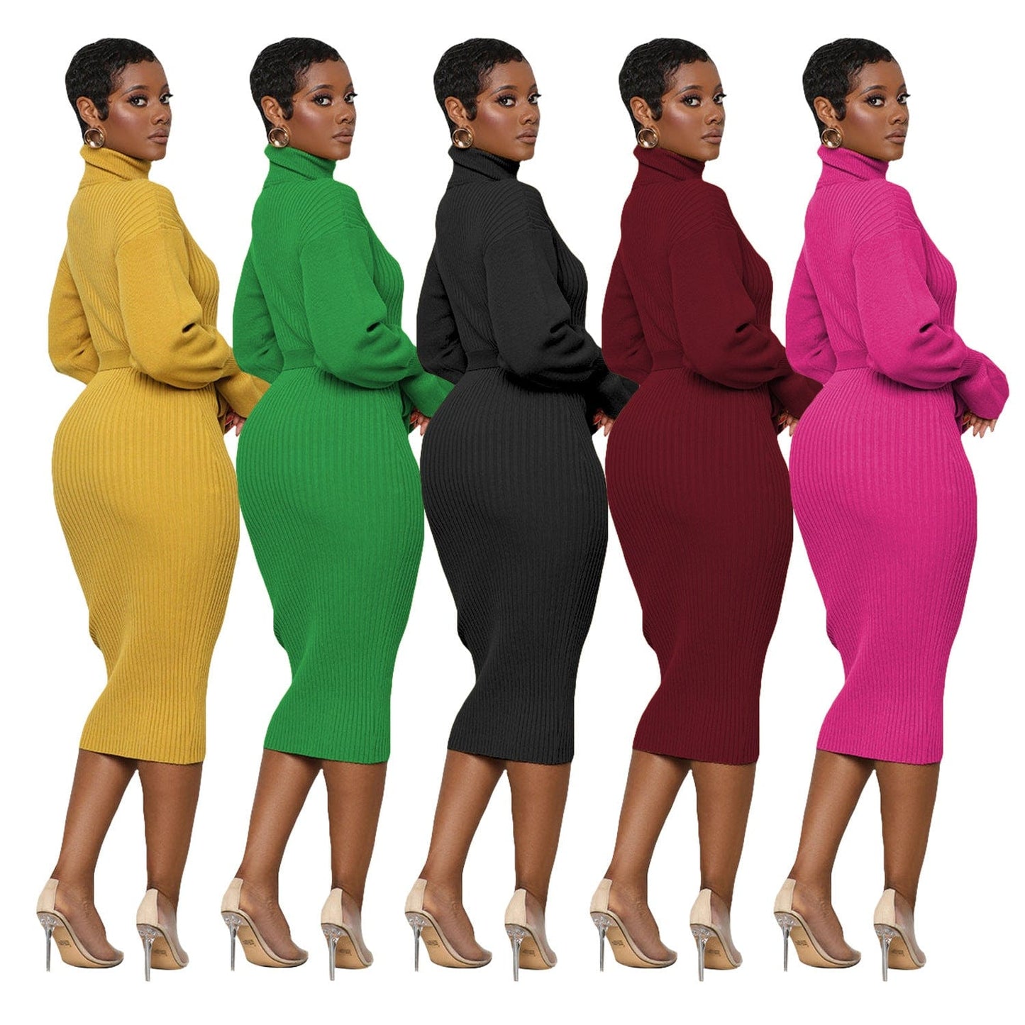 C1103TA87 Wholesale Casual Solid Color Stand Collar Knitted Bodycon Dress Women Sehe Fashion