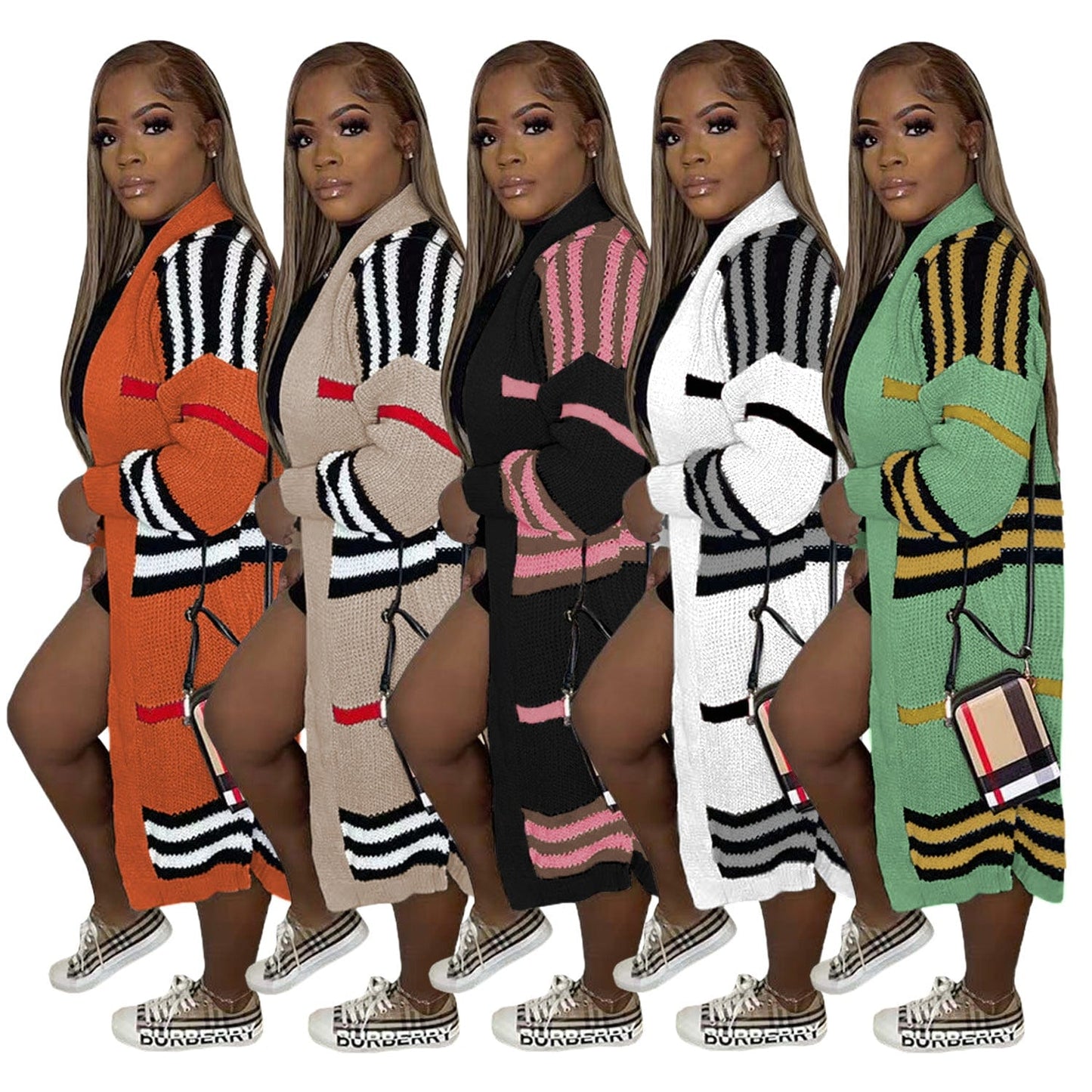 C1103TA90 Wholesale Autumn Contrast Color Striped Print Knitted Long Cardigans Women Sehe Fashion
