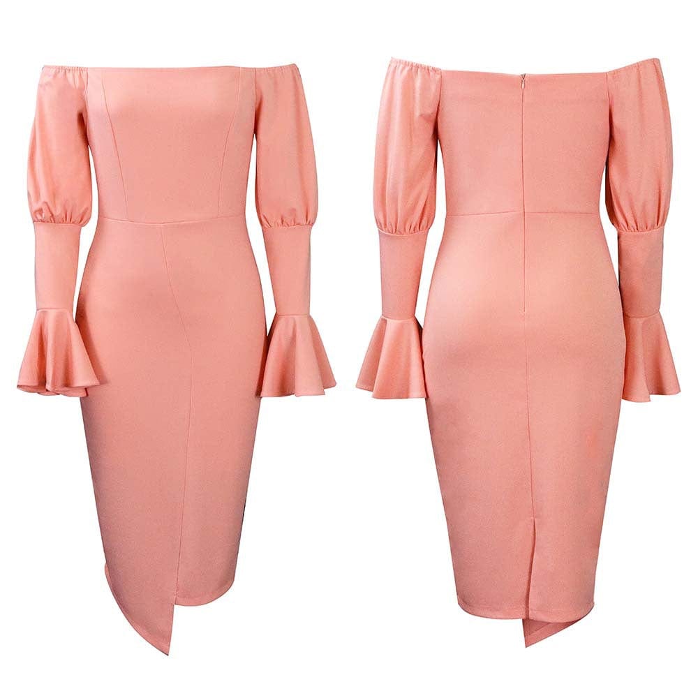 C1104ME37 High Quality Elegant Off Shoulder Solid Color Ruffles Bodycon Dress Women Sehe Fashion
