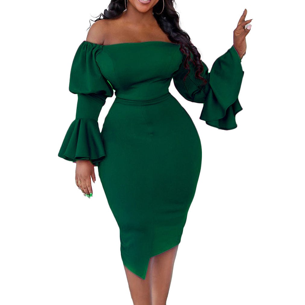 C1104ME37 High Quality Elegant Off Shoulder Solid Color Ruffles Bodycon Dress Women Sehe Fashion