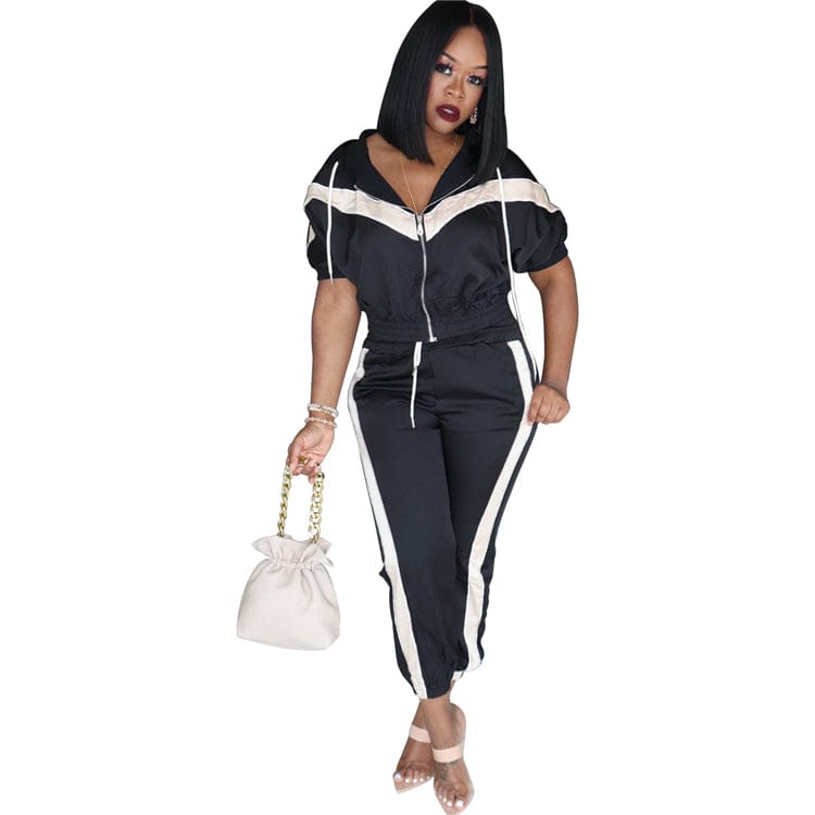 C91194 2019 fashion women two piece set sportswear set long sleeve casual solid color strip patchwork jogger set women