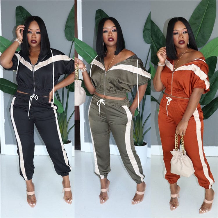 C91194 2019 fashion women two piece set sportswear set long sleeve casual solid color strip patchwork jogger set women