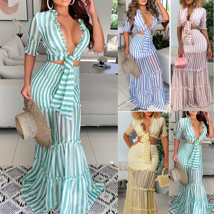 Caiheng Women's Long Dress With Striped Shirt And Short Sleeves Fashionable Women's Casual Long Sleeve Casual Dresses